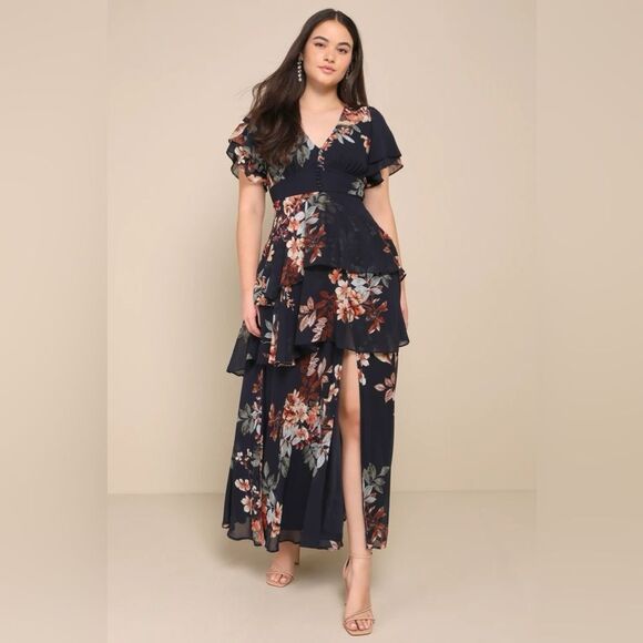 Lulus Midnight Mood Navy Blue Floral Print Tiered Maxi Dress Size Small NEW - Picture 8 of 13